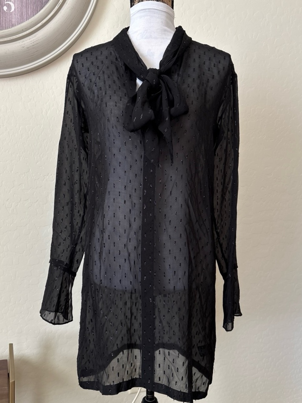 Theory Silk Chiffon Metallic Stitching Scarf Shirt Dress 2 without lining. - Picture 3 of 9